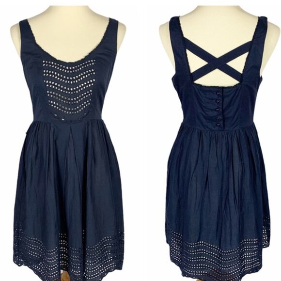 Anthropologie Moulinette Soeurs Dress Size 2 Navy Eyelet Scalloped Cotton Silk - Picture 1 of 9